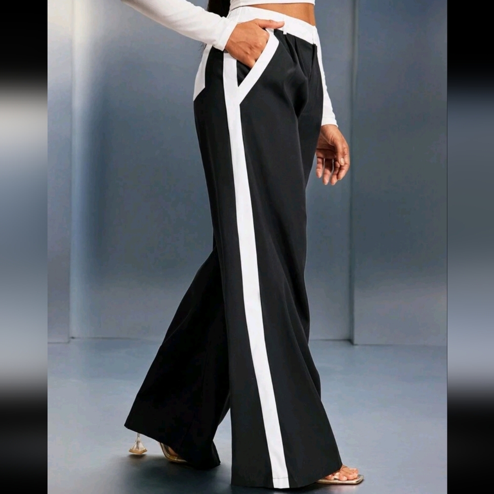 Black & White Contrast Palazzo Wide Leg Pants, Suitable For Autumn/Winter - Picture 3 of 4